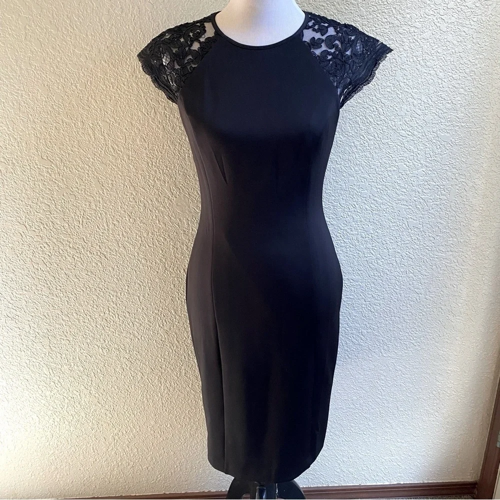 Vince Camuto Shift Little Black Dress Solid Short Length and Lace Cap Sleeves: 6 - Picture 2 of 10